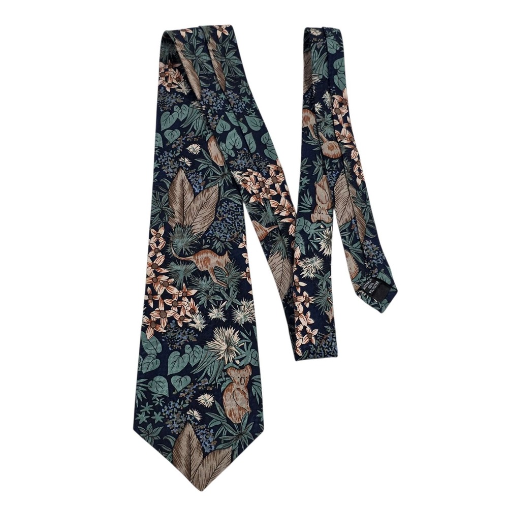 Australian‎ Koala & Kangaroo Botanical Print Silk Necktie Blue Green Handmade